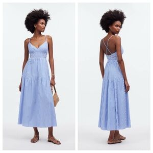 Madewell NWT Empire-Waist Tiered Maxi Dress in Stripe Cotton Poplin Fitted Flowy